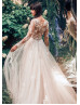 Long Sleeves Beaded Ivory Lace Tulle Airy Wedding Dress